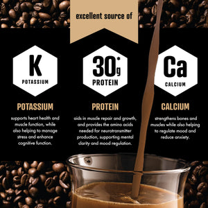 Glass of coffee with protein content and health benefits displayed on a black background with coffee beans.