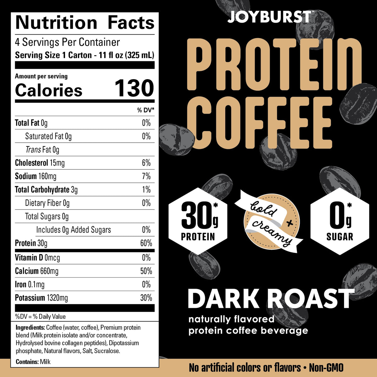 Joyburst Protein Coffee label with nutrition facts and product details on a black background.