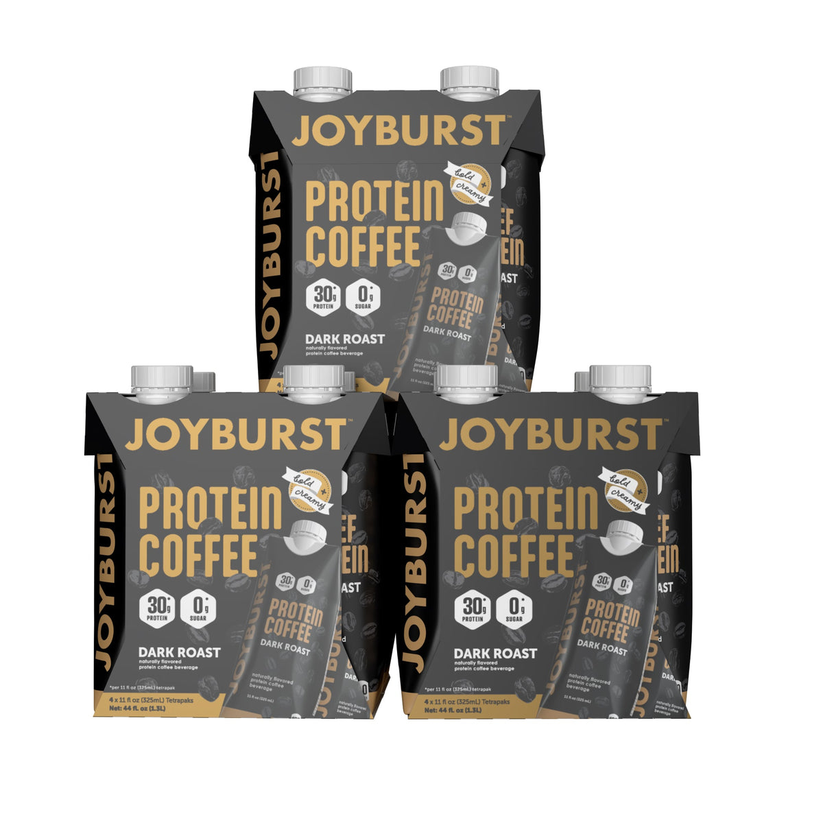 Four packages of Joyburst Protein Coffee on a white background