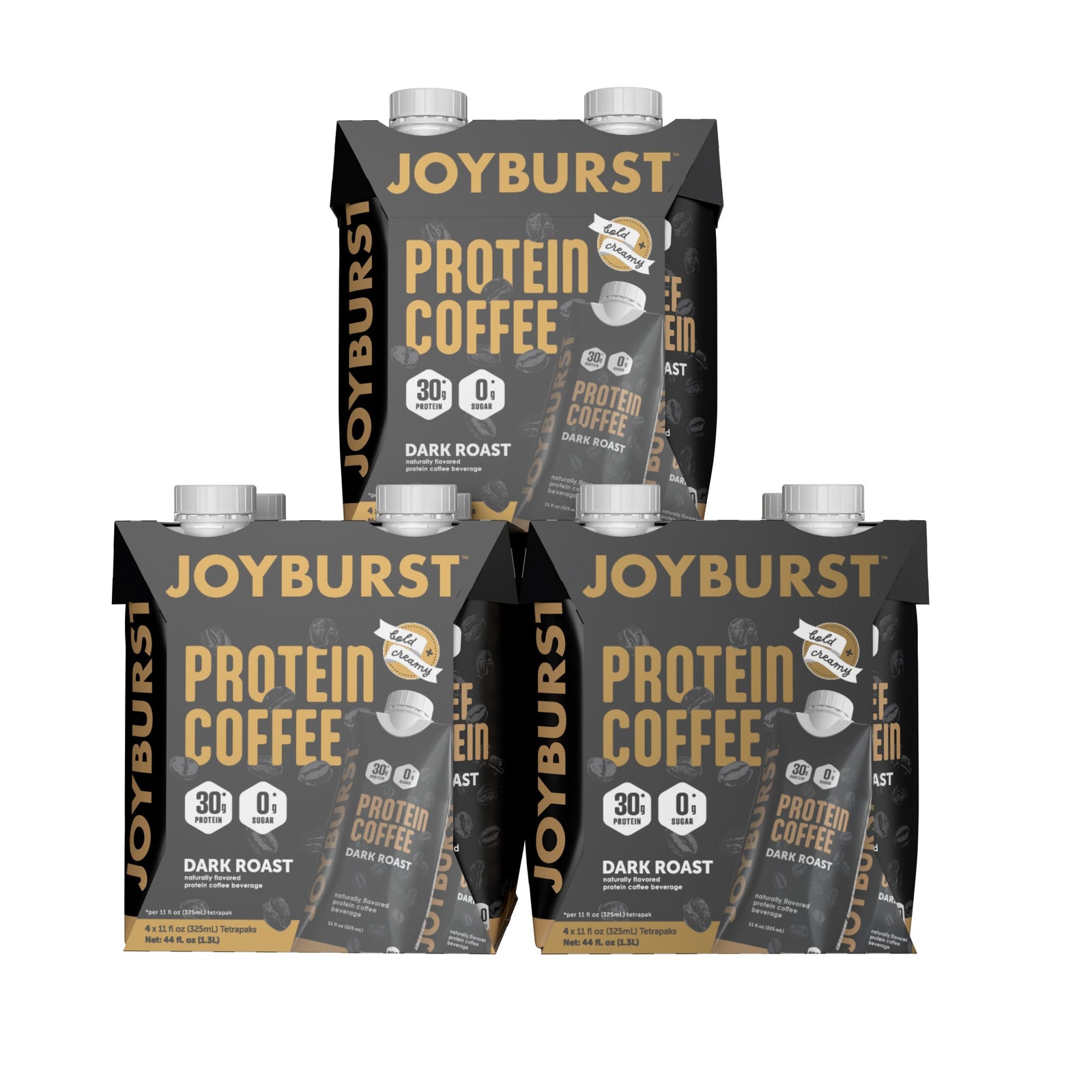 Four packages of Joyburst Protein Coffee on a white background