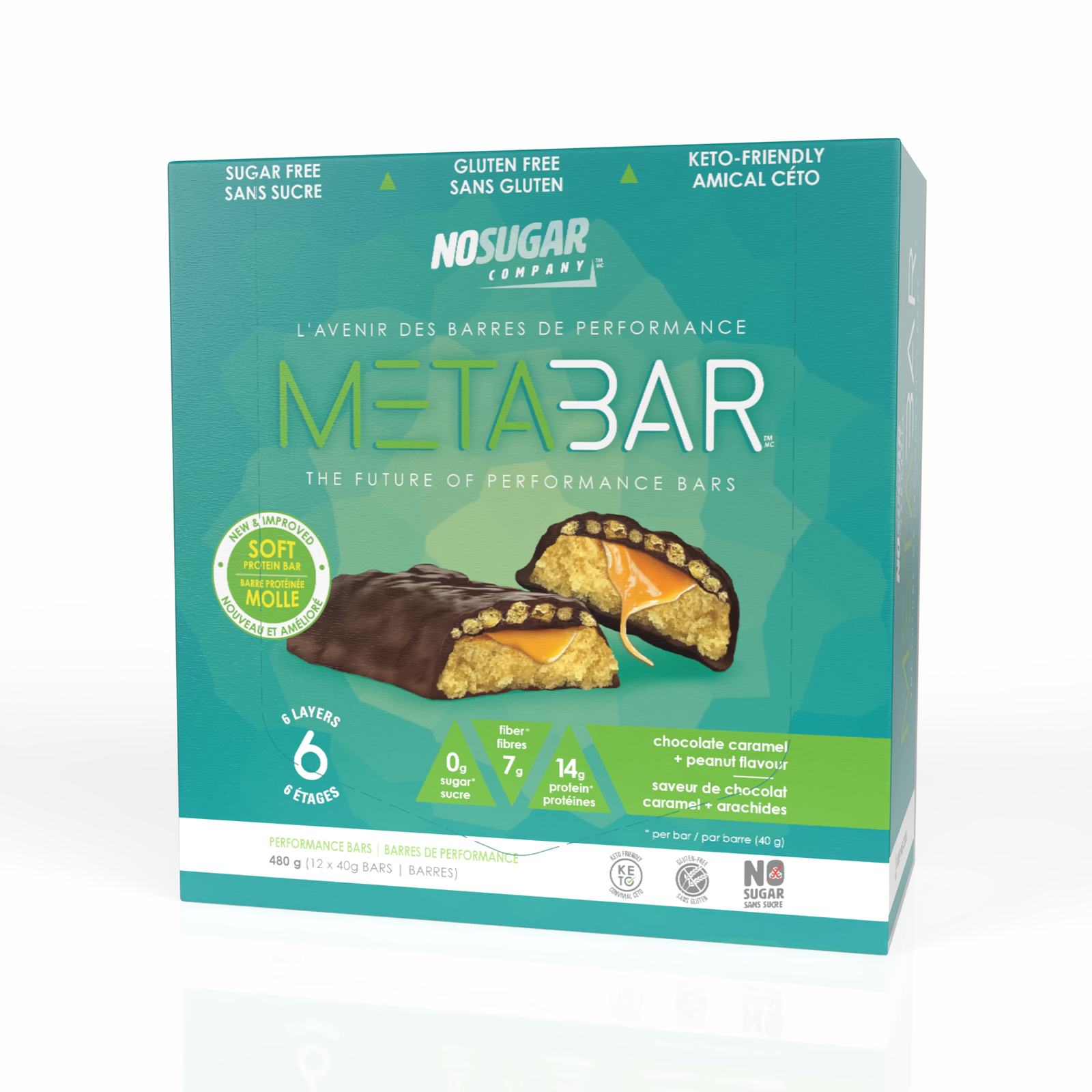 No Sugar METABAR Chocolate Caramel and Peanut Flavor - 12 bars, 40g (1.41oz) per Bar