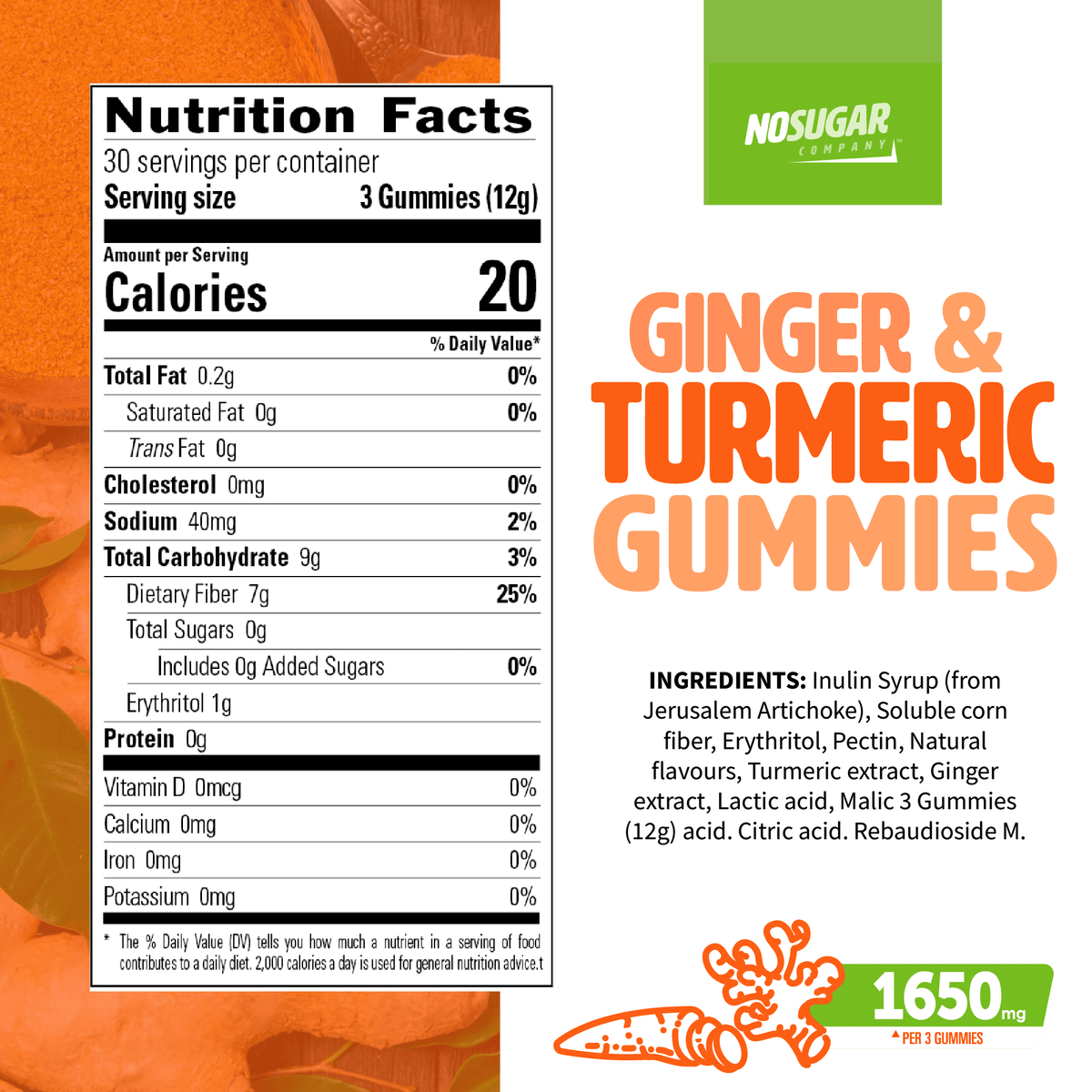No Sugar Ginger Tumeric Gummies 90ct