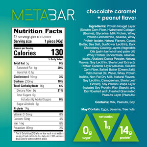 No Sugar METABAR Chocolate Caramel and Peanut Flavor - 12 bars, 40g (1.41oz) per Bar