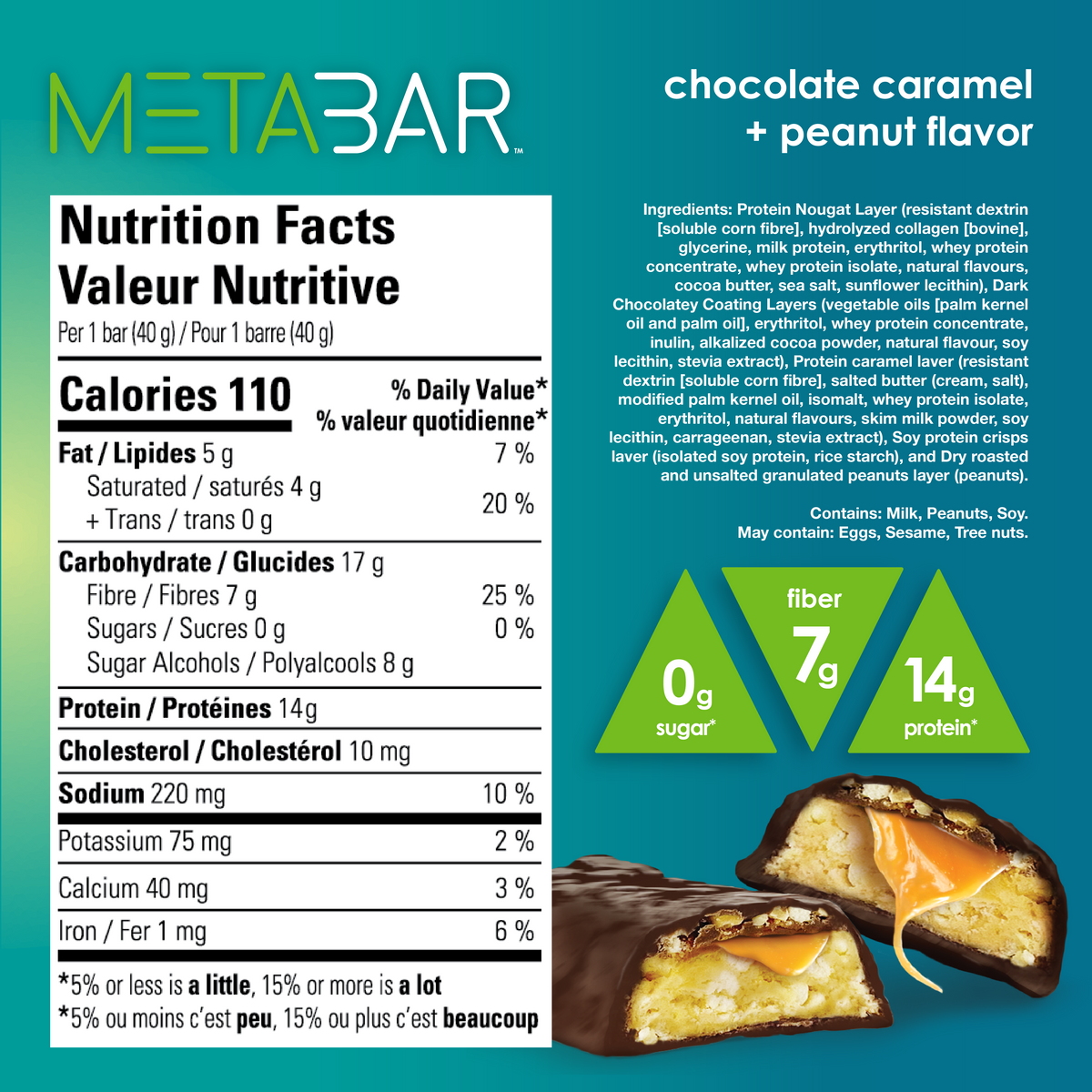 No Sugar METABAR Chocolate Caramel and Peanut Flavor - 12 bars, 40g (1.41oz) per Bar
