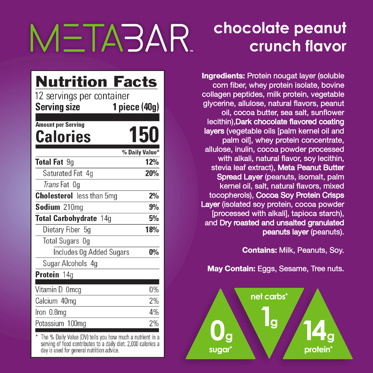 No Sugar METABAR Chocolate Peanut Crunch - 12 bars, 40g (1.41oz) per Bar - No Sugar Company Inc.