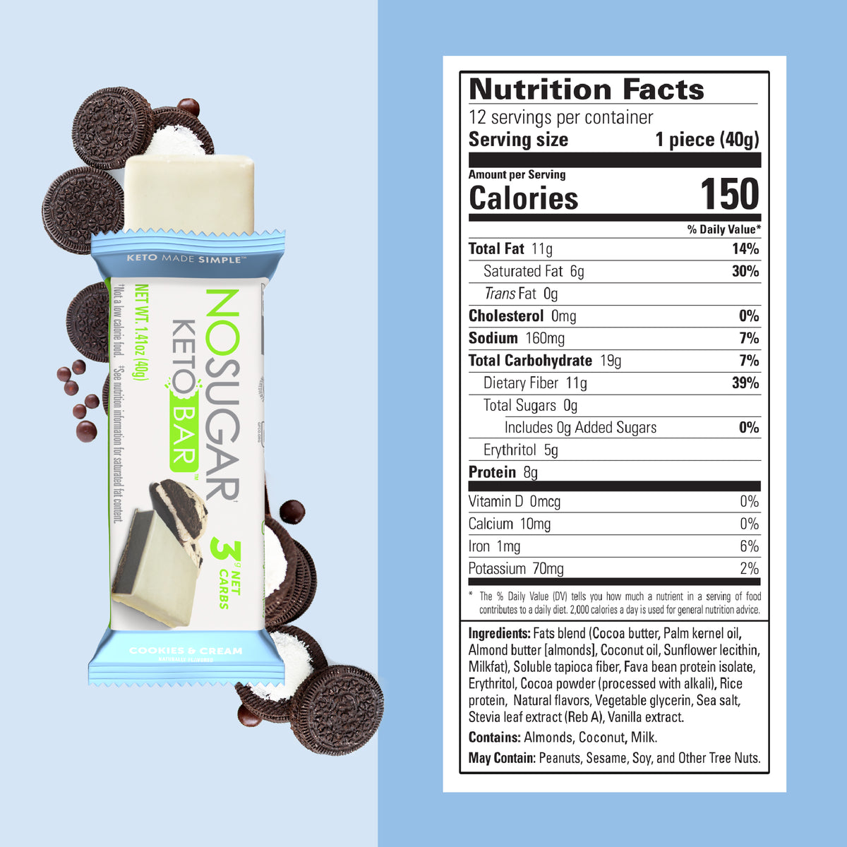 No Sugar Keto Bar Cookies and Cream - 12 Bars