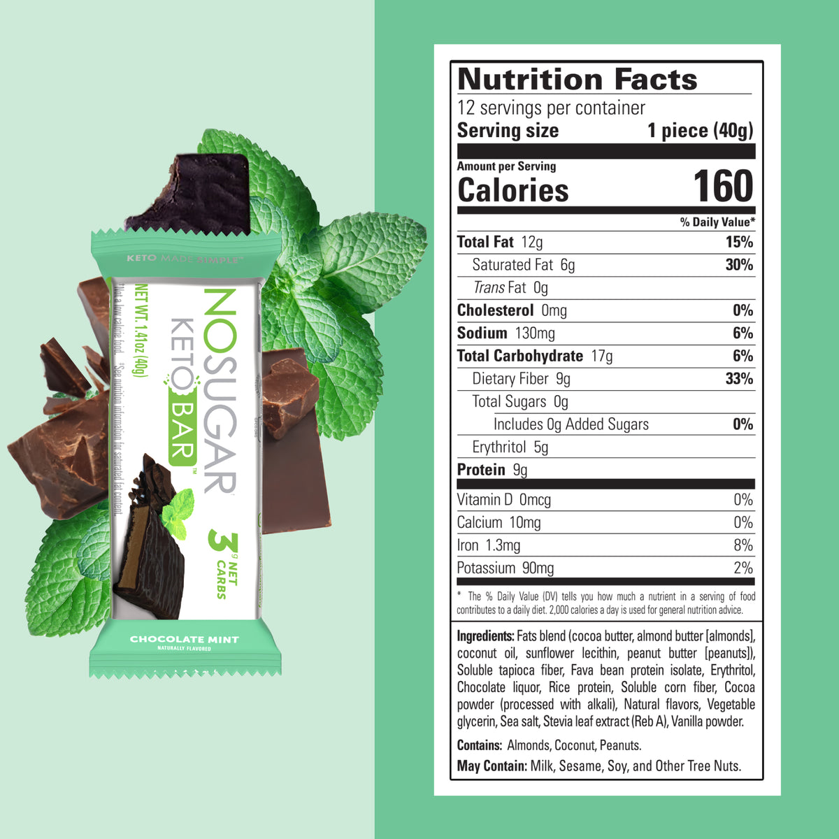 No Sugar Keto Bar Chocolate Mint - 12 Bars