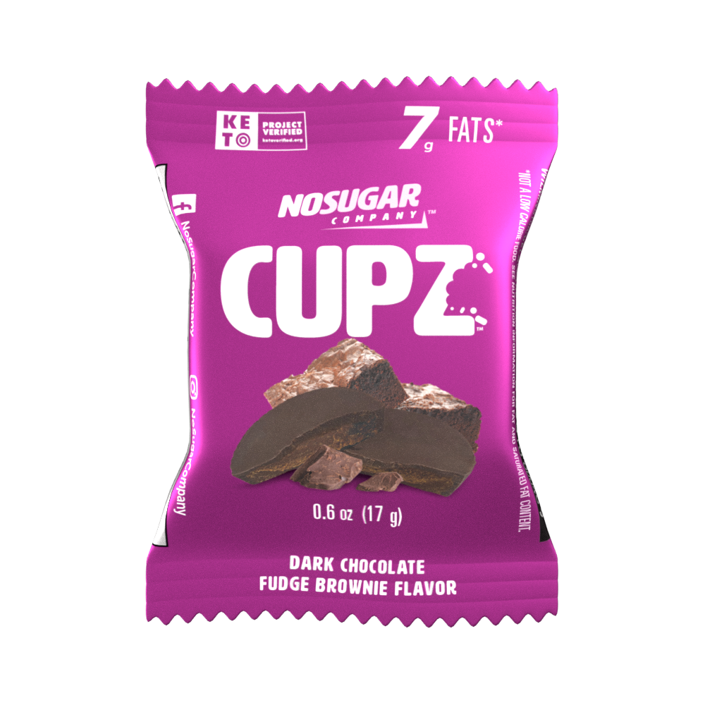 No Sugar Company Cupz in Dark Chocolate Fudge Brownie. Keto Verified and 0 grams of Sugar.