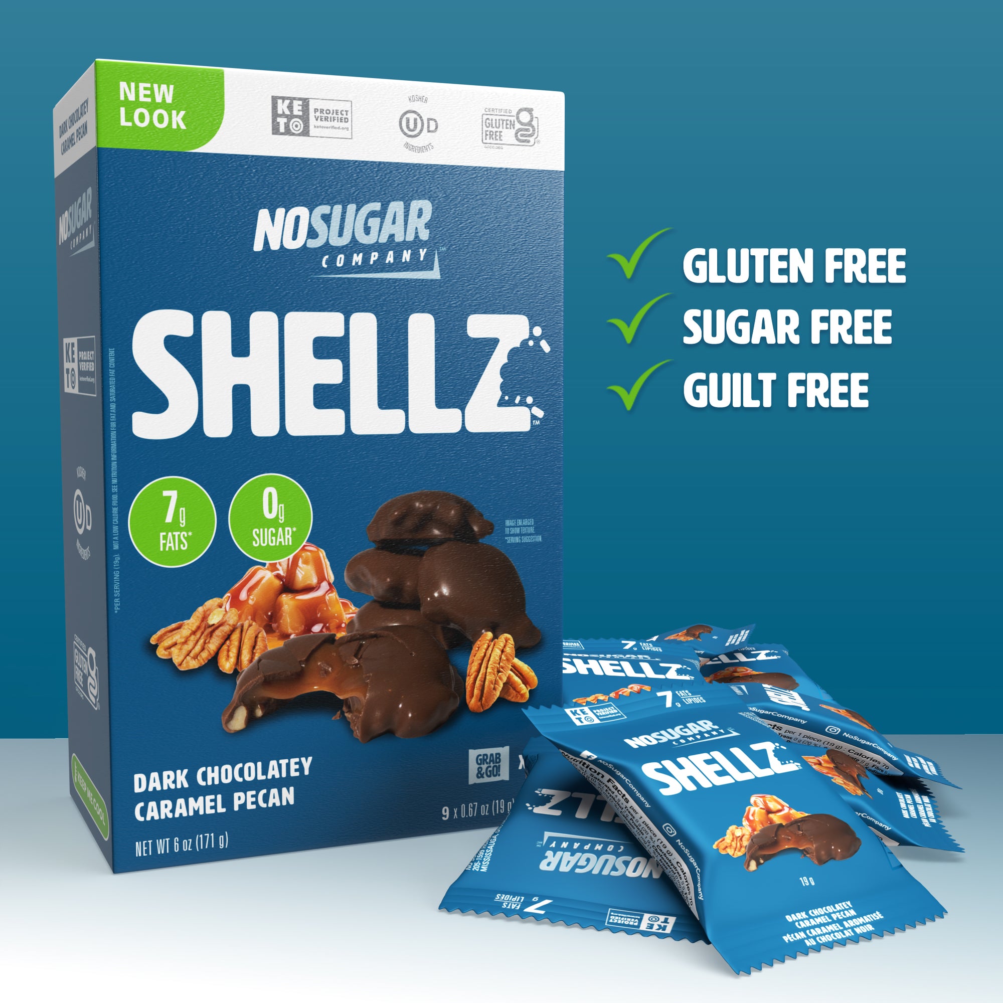 Shellz 9ct box, blue with green call-outs. Pecan, caramel, chocolate image on box. Gluten free, keto project verified and kosher friendly seals on box.