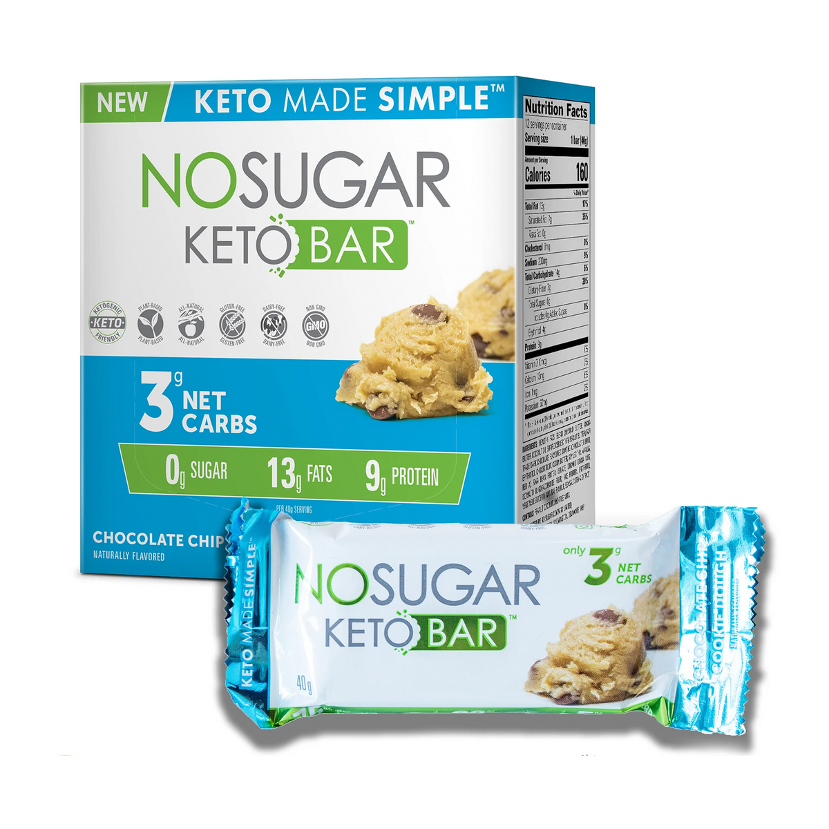 No Sugar Keto Bar Chocolate Chip Cookie Dough - 12 Bars