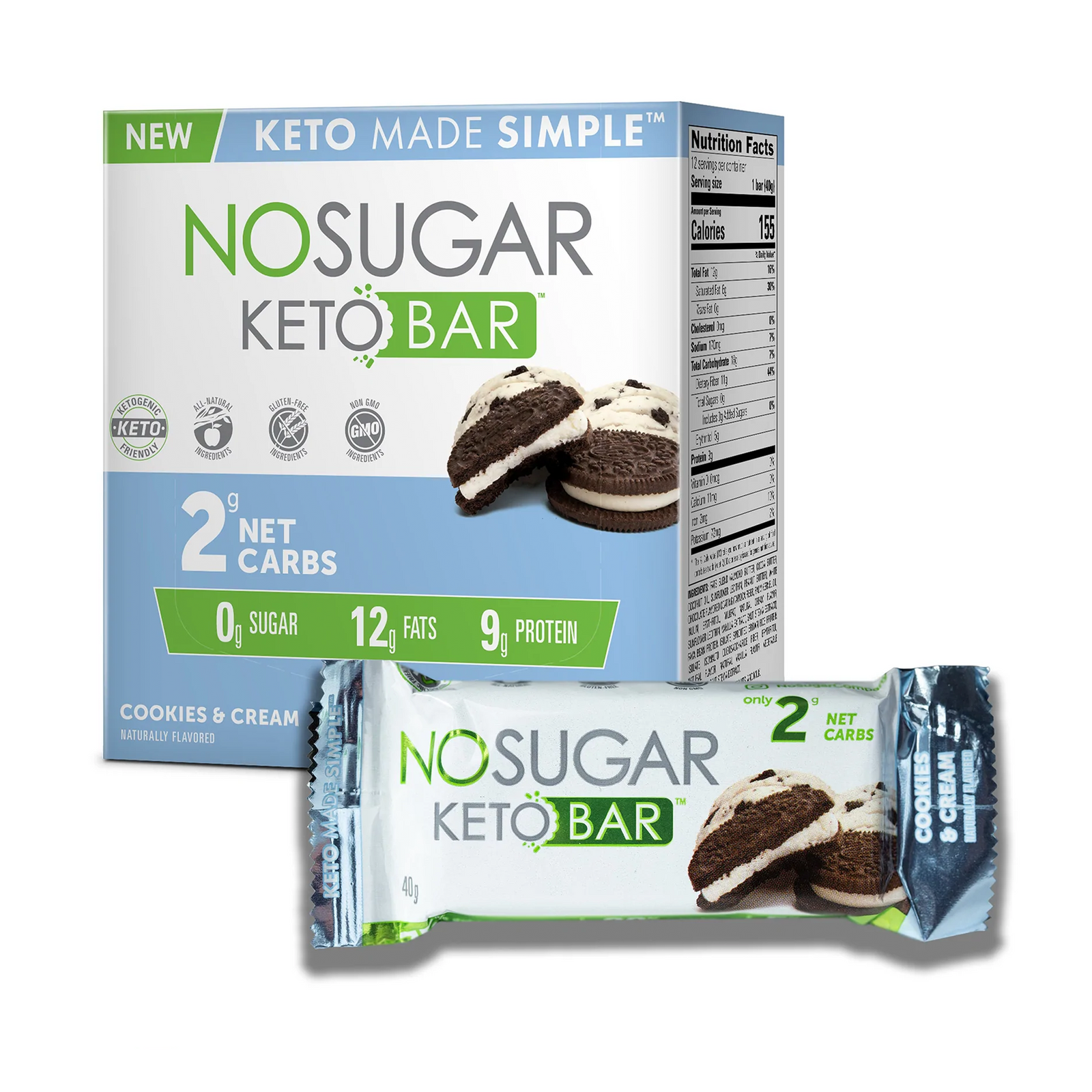 No Sugar Keto Bar Cookies and Cream - 12 Bars