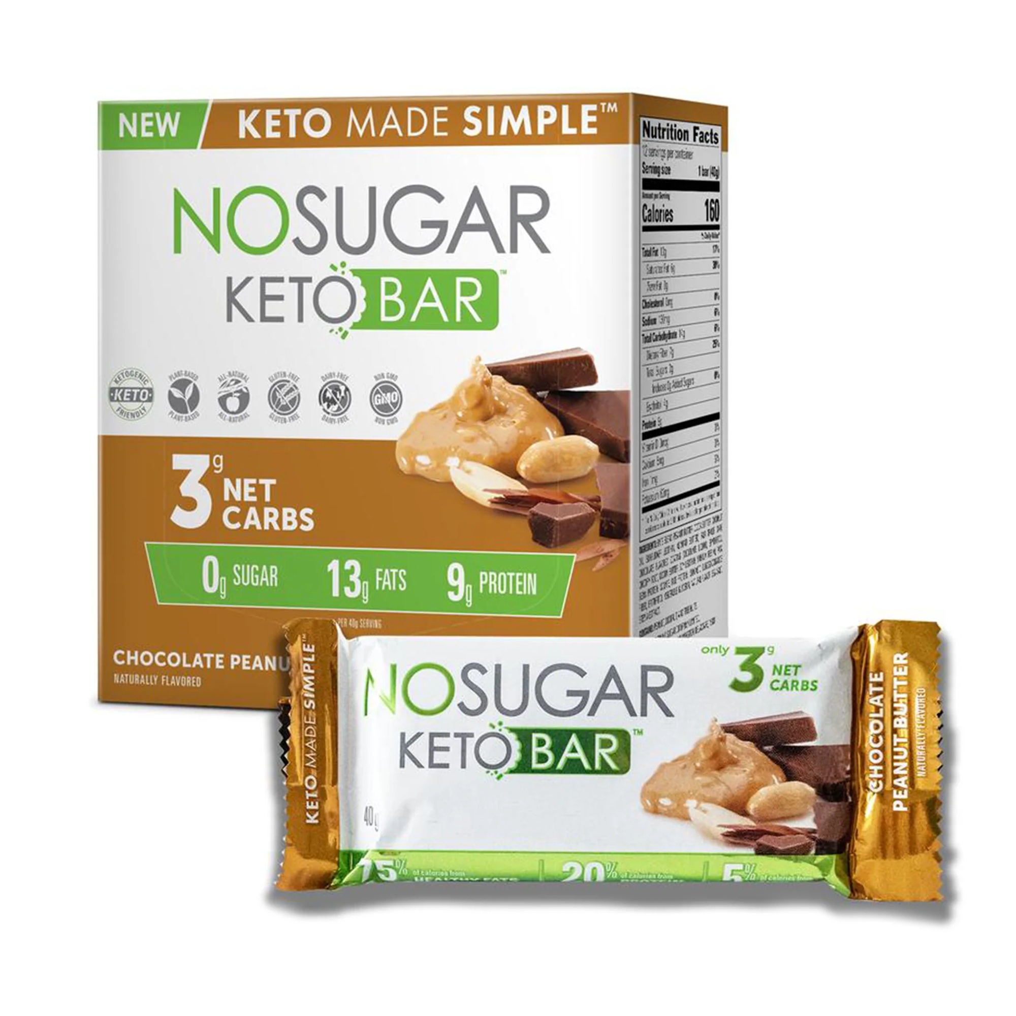No Sugar Keto Bar Snack, Peanut Butter, 12 x 1.41oz Bars - Low Carb No  Sugar Keto Snack Food with Keto Friendly Macros, 3g Net Carb, 9g Plant  Based